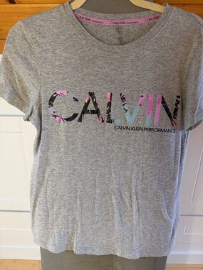 Calvin Klein Gray Short Sleeve Tee with Pink & Teal Logo